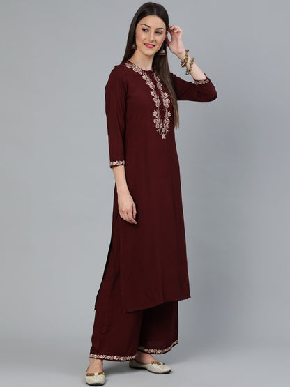 Women's Coffee Brown Embroidered Straight Kurta Plazzo & Scalloped Dupatta