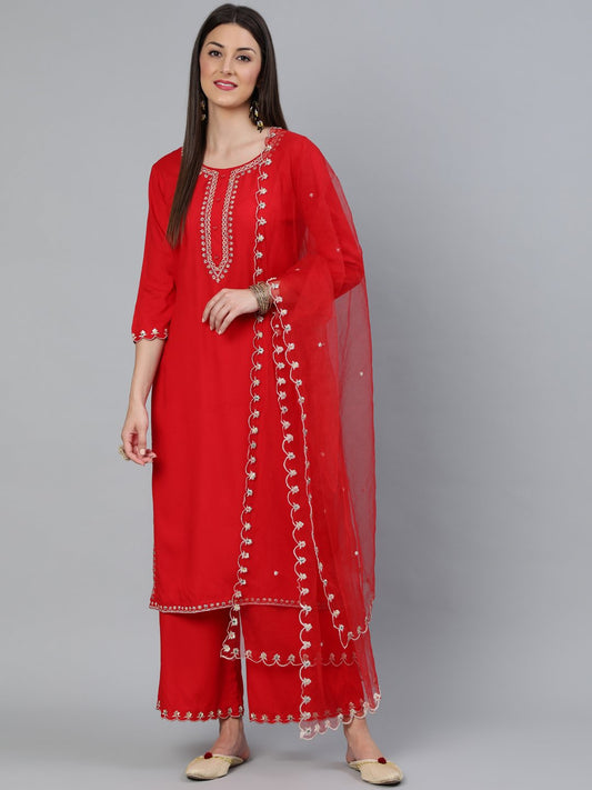 Women's Red Embroidered Straight Kurta Plazzo & Scalloped Dupatta