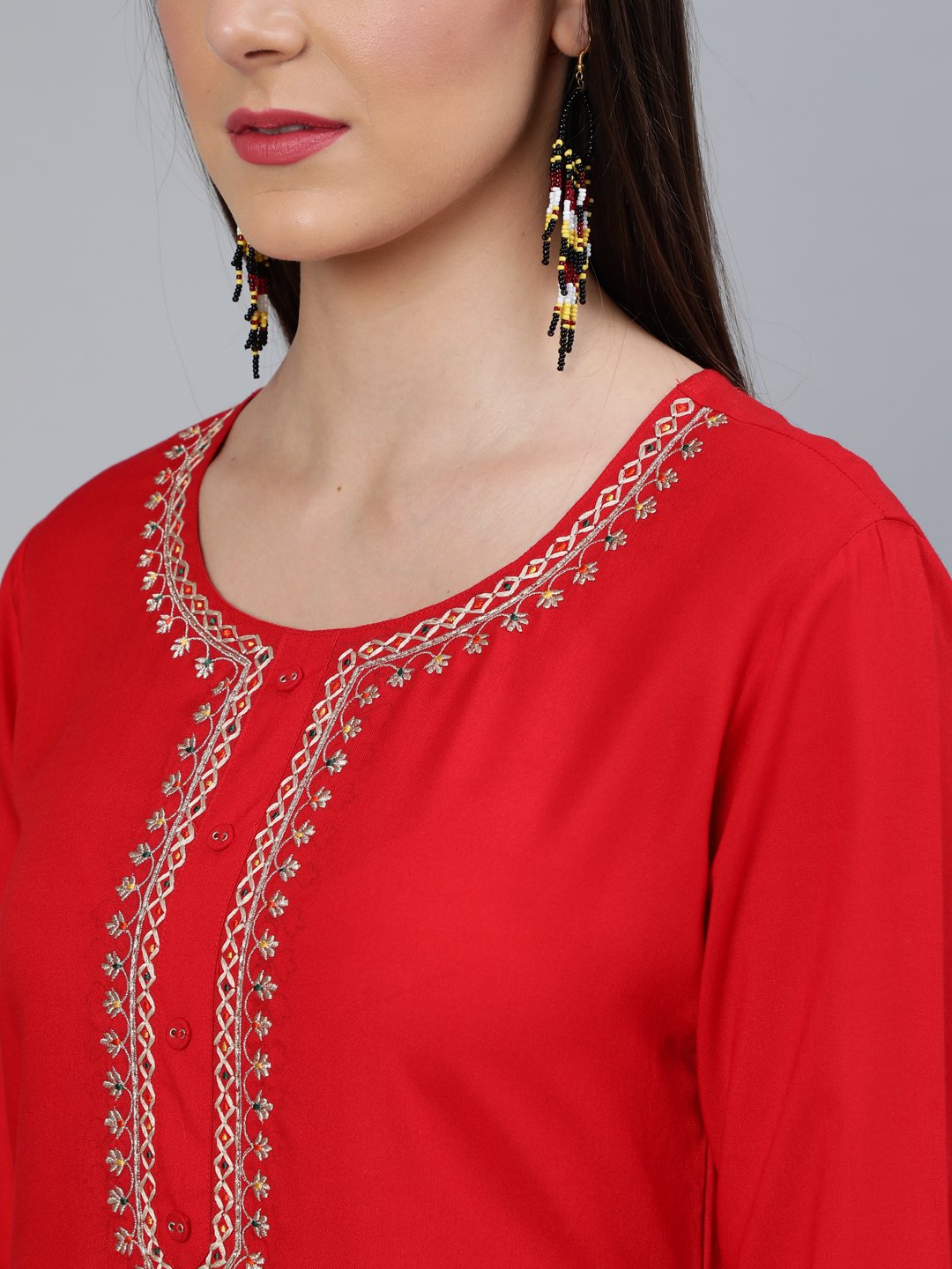 Women's Red Embroidered Straight Kurta Plazzo & Scalloped Dupatta