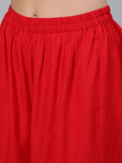 Women's Red Embroidered Straight Kurta Plazzo & Scalloped Dupatta