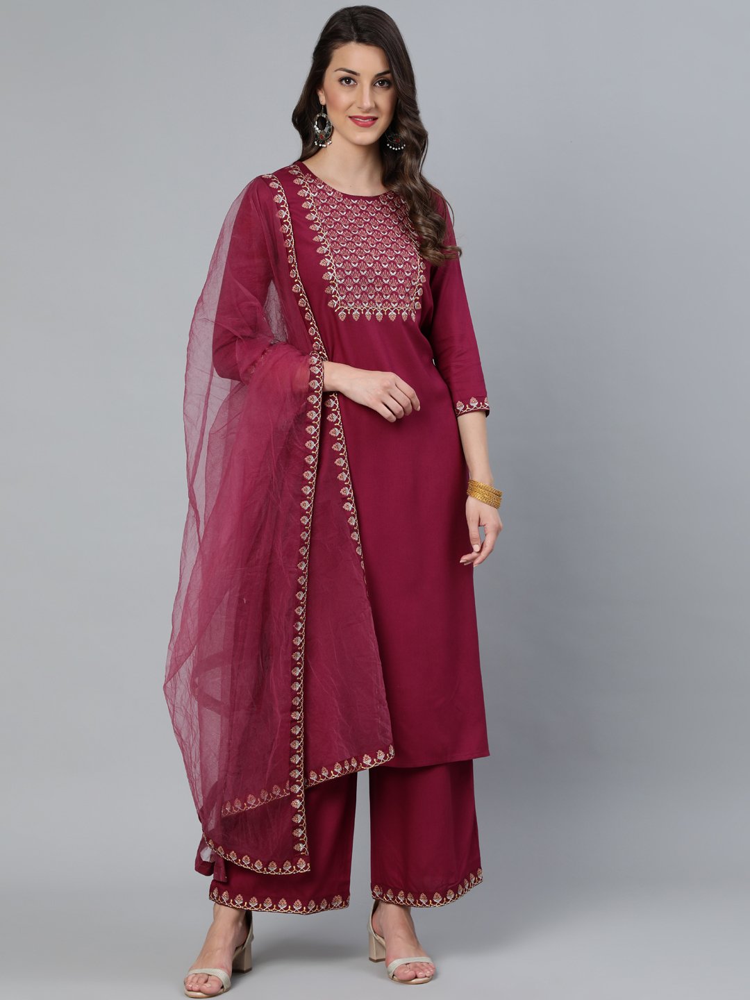 Women's Burgundy Embroidered Straight Kurta Plazzo & Organza Dupatta