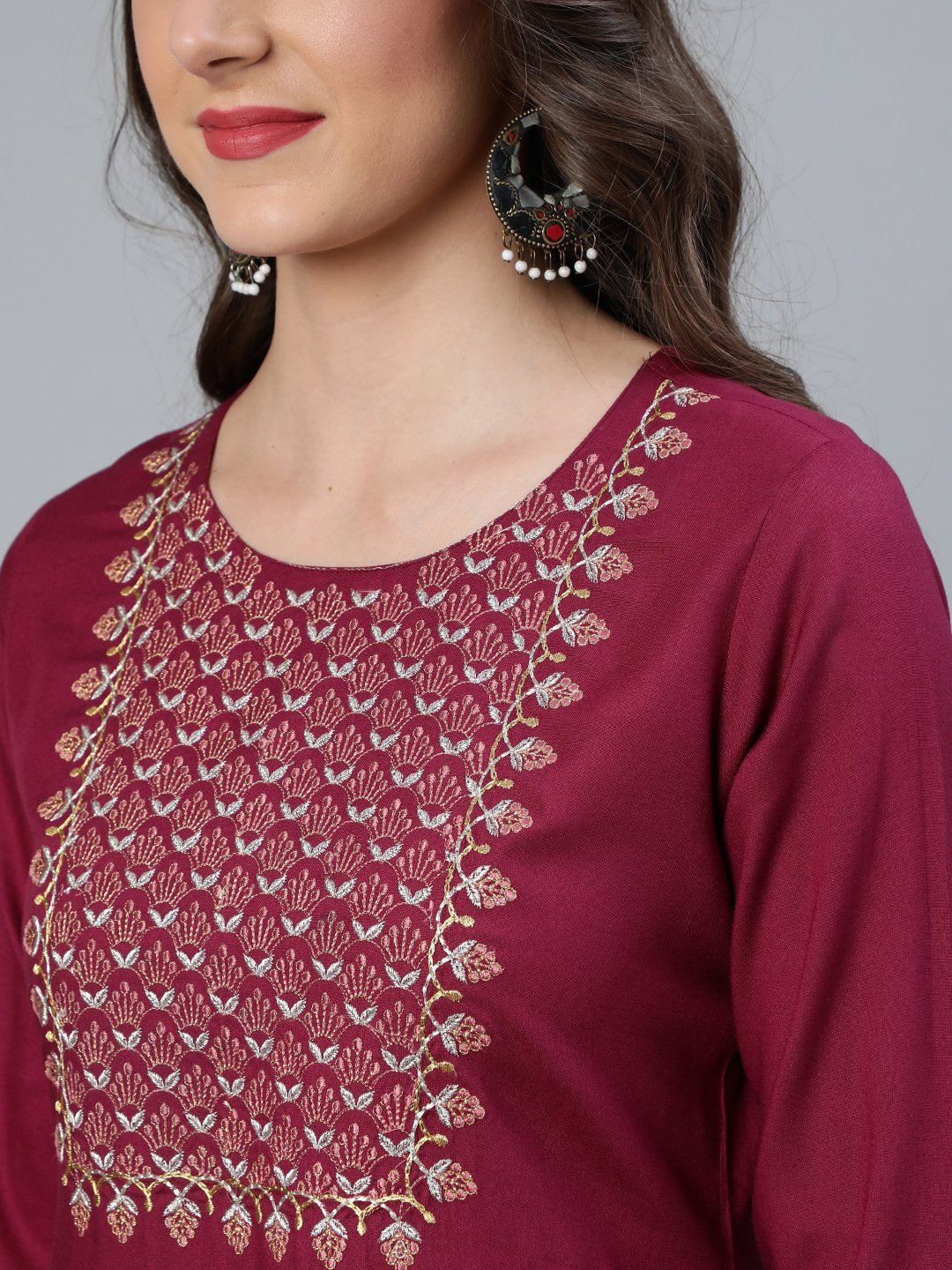 Women's Burgundy Embroidered Straight Kurta Plazzo & Organza Dupatta