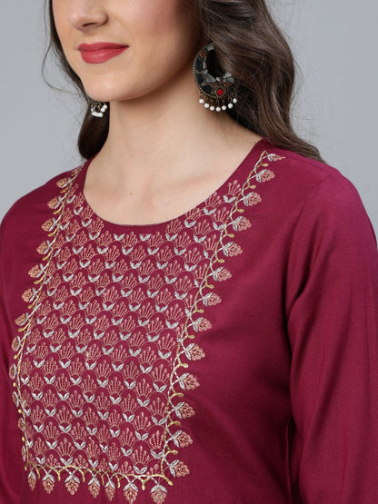 Women's Burgundy Embroidered Straight Kurta Plazzo & Organza Dupatta
