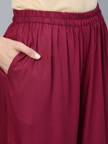 Women's Burgundy Embroidered Straight Kurta Plazzo & Organza Dupatta