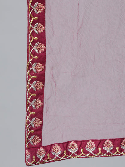 Women's Burgundy Embroidered Straight Kurta Plazzo & Organza Dupatta