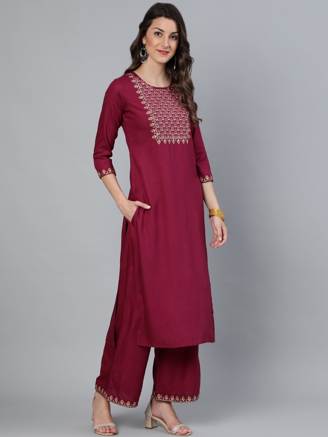 Women's Burgundy Embroidered Straight Kurta Plazzo & Organza Dupatta