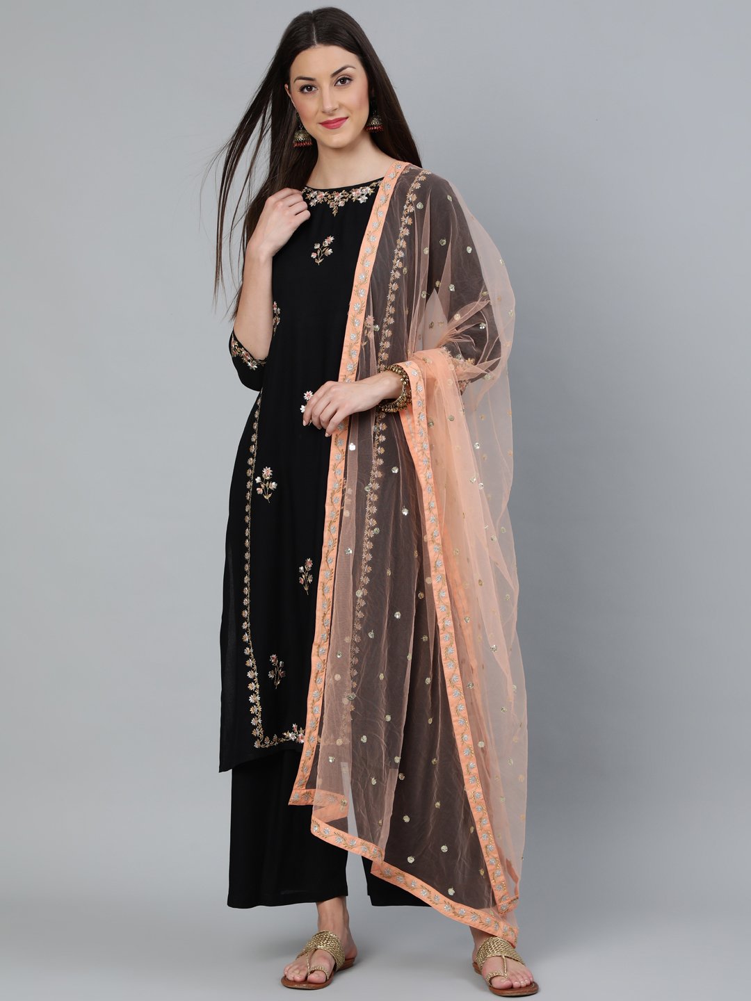 Women's Black & Peach Embroidered Straight Kurta Plazzo & Organza Dupatta