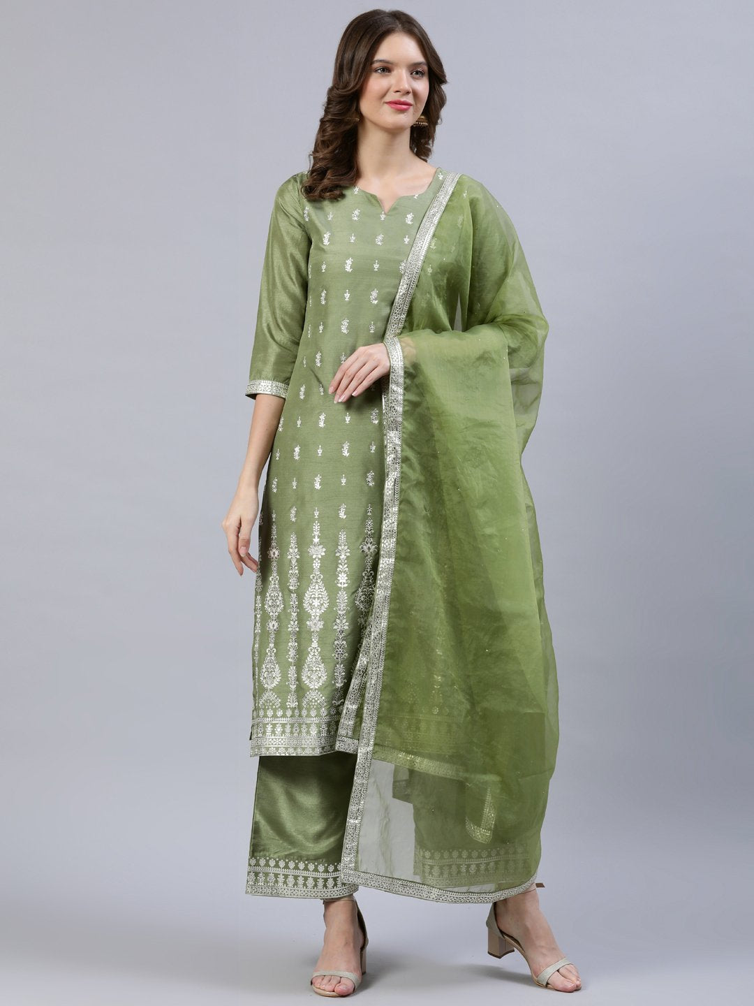 Women's Olive Green Foil Printed Straight Kurta Plazzo & Organza Dupatta