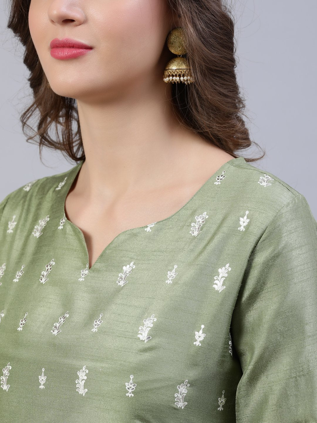 Women's Olive Green Foil Printed Straight Kurta Plazzo & Organza Dupatta