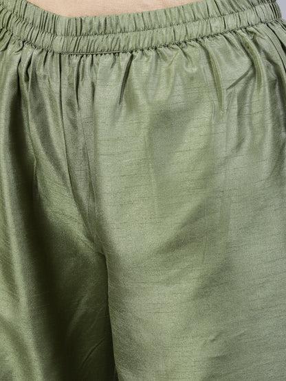 Women's Olive Green Foil Printed Straight Kurta Plazzo & Organza Dupatta