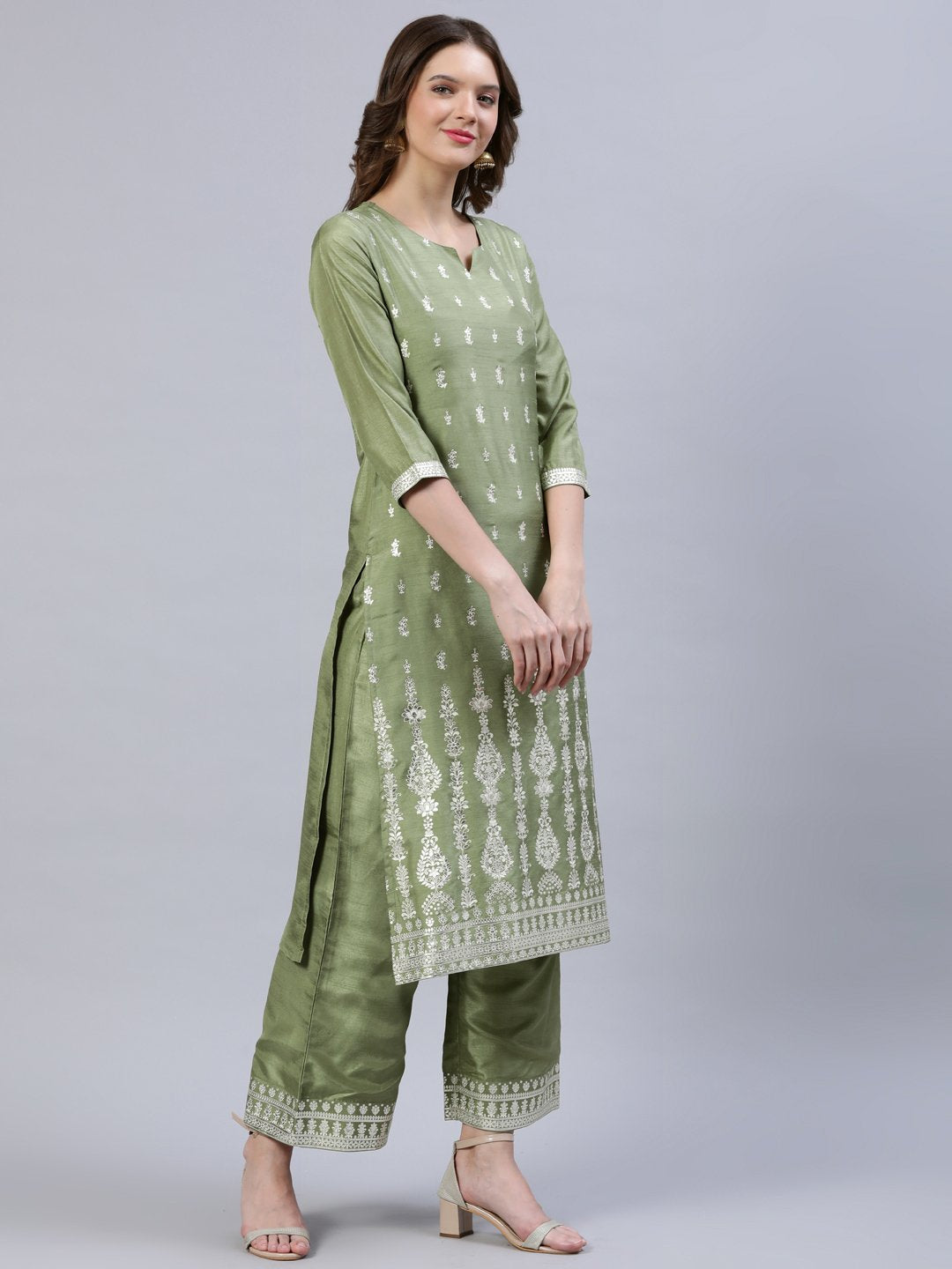 Women's Olive Green Foil Printed Straight Kurta Plazzo & Organza Dupatta