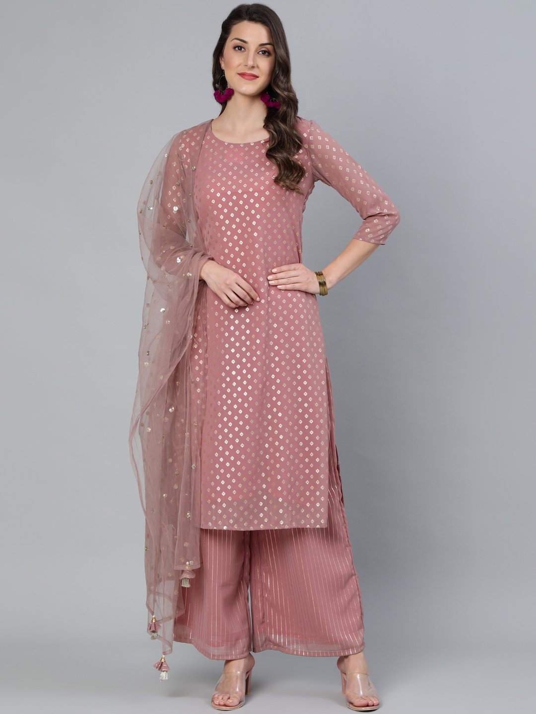 Women's Mauve Foil Printed Straight Kurta Plazzo & Sequence Net Dupatta