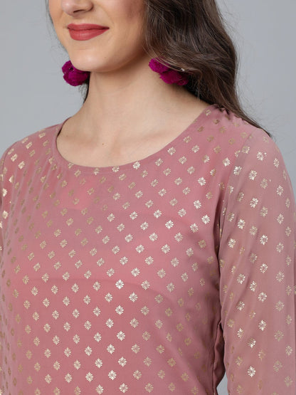 Women's Mauve Foil Printed Straight Kurta Plazzo & Sequence Net Dupatta