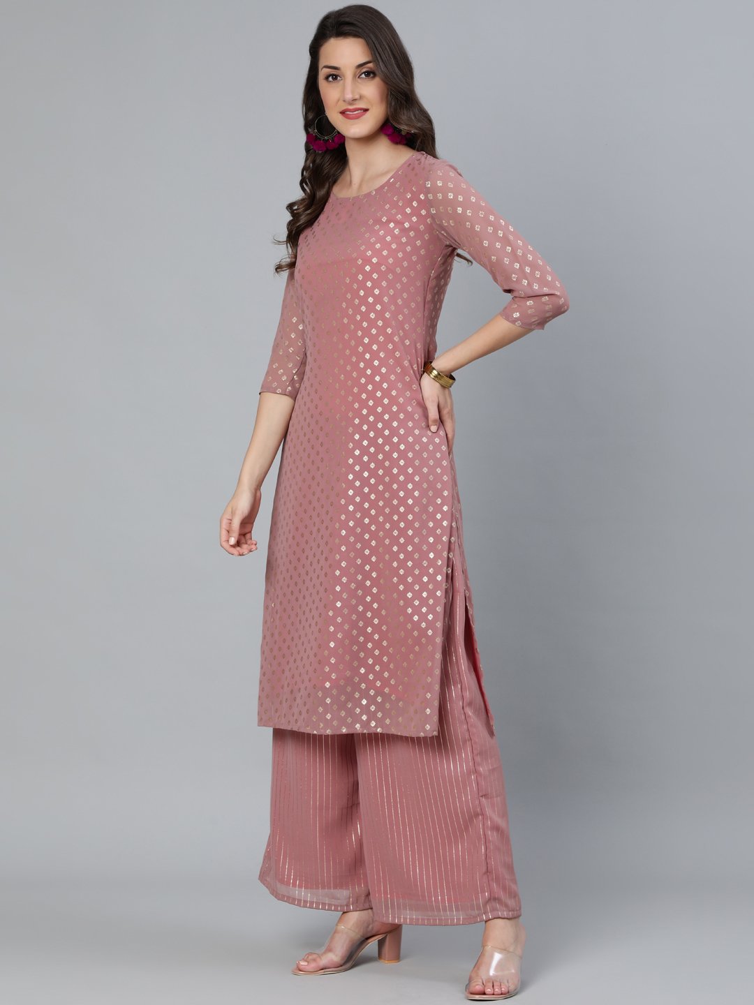 Women's Mauve Foil Printed Straight Kurta Plazzo & Sequence Net Dupatta