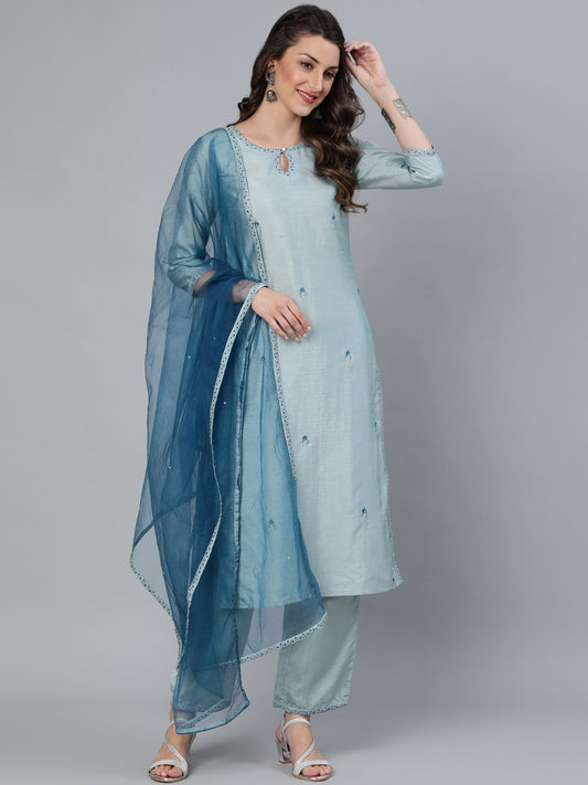 Women's Pastel Blue Embroideres Straight Kurta Plazzo & Net Dupatta
