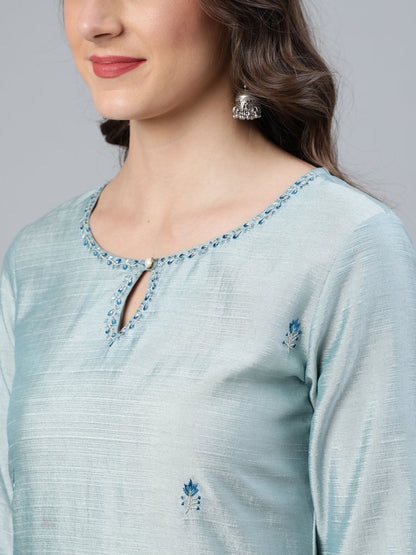 Women's Pastel Blue Embroideres Straight Kurta Plazzo & Net Dupatta