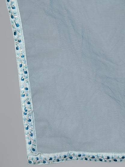 Women's Pastel Blue Embroideres Straight Kurta Plazzo & Net Dupatta