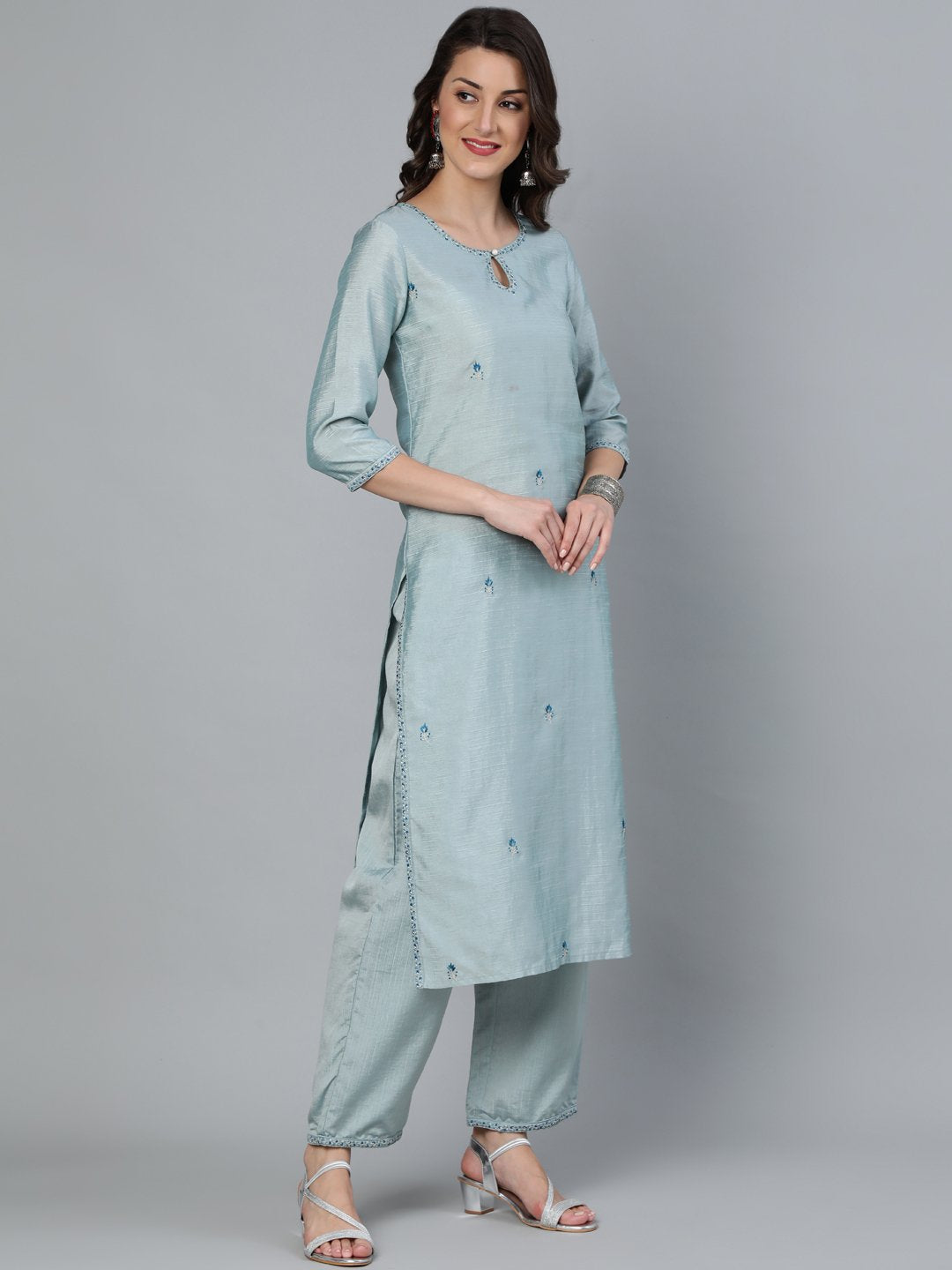 Women's Pastel Blue Embroideres Straight Kurta Plazzo & Net Dupatta