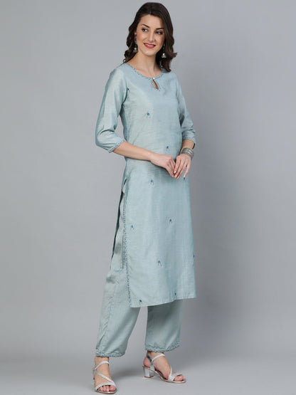 Women's Pastel Blue Embroideres Straight Kurta Plazzo & Net Dupatta
