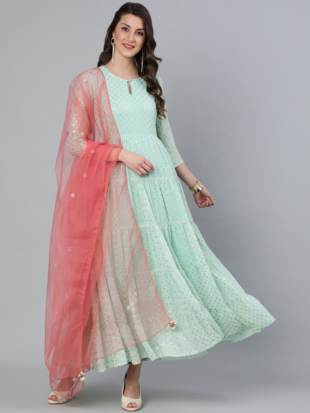 Women's Pastel Green Foil Printed Tired Dress With Pink Embroidered Dupatta