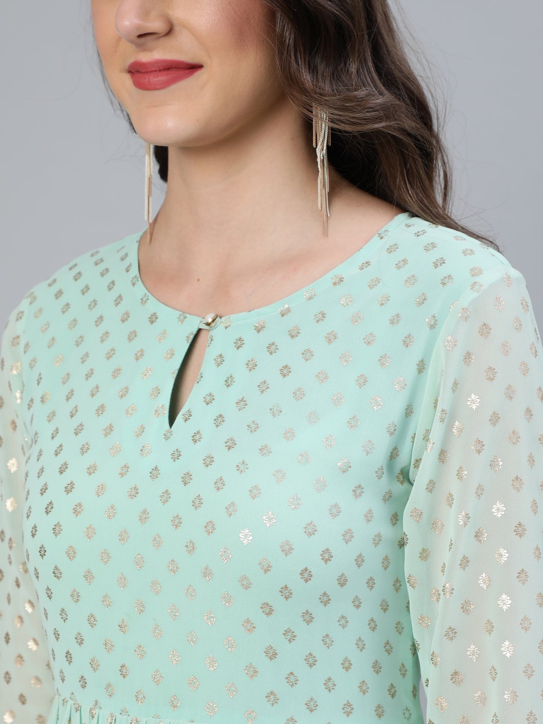 Women's Pastel Green Foil Printed Tired Dress With Pink Embroidered Dupatta