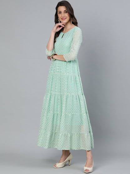 Women's Pastel Green Foil Printed Tired Dress With Pink Embroidered Dupatta