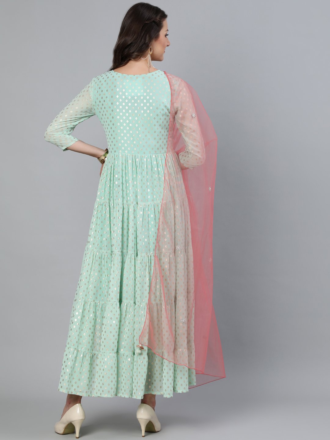 Women's Pastel Green Foil Printed Tired Dress With Pink Embroidered Dupatta