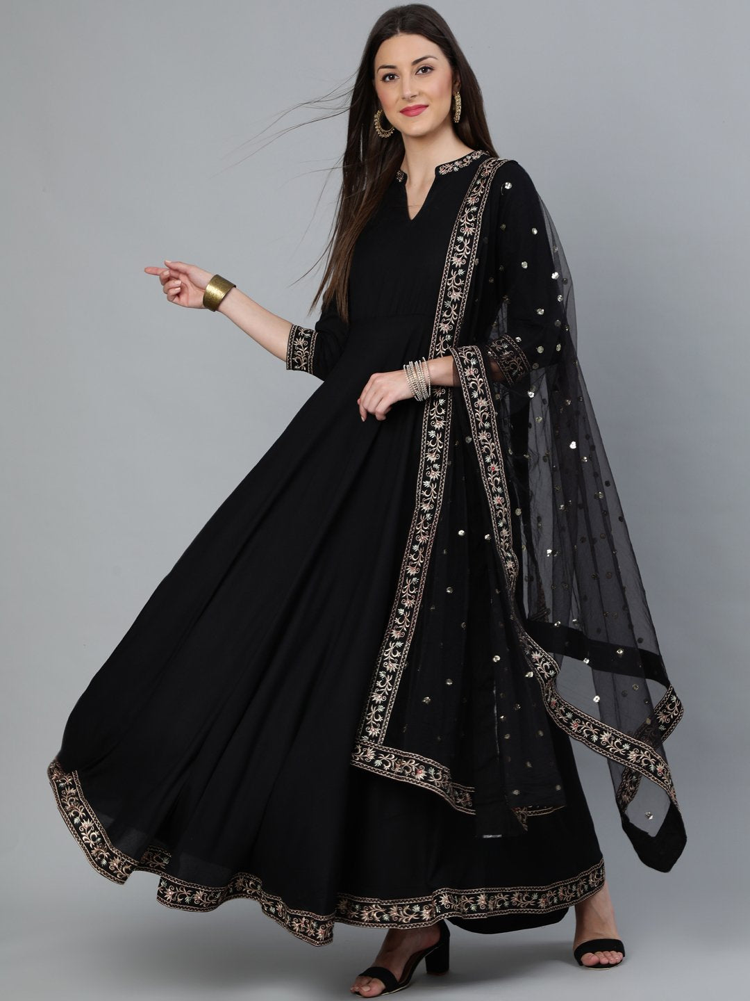 Women's Black Flared Embroidered Dress With Sequinned Dupatta