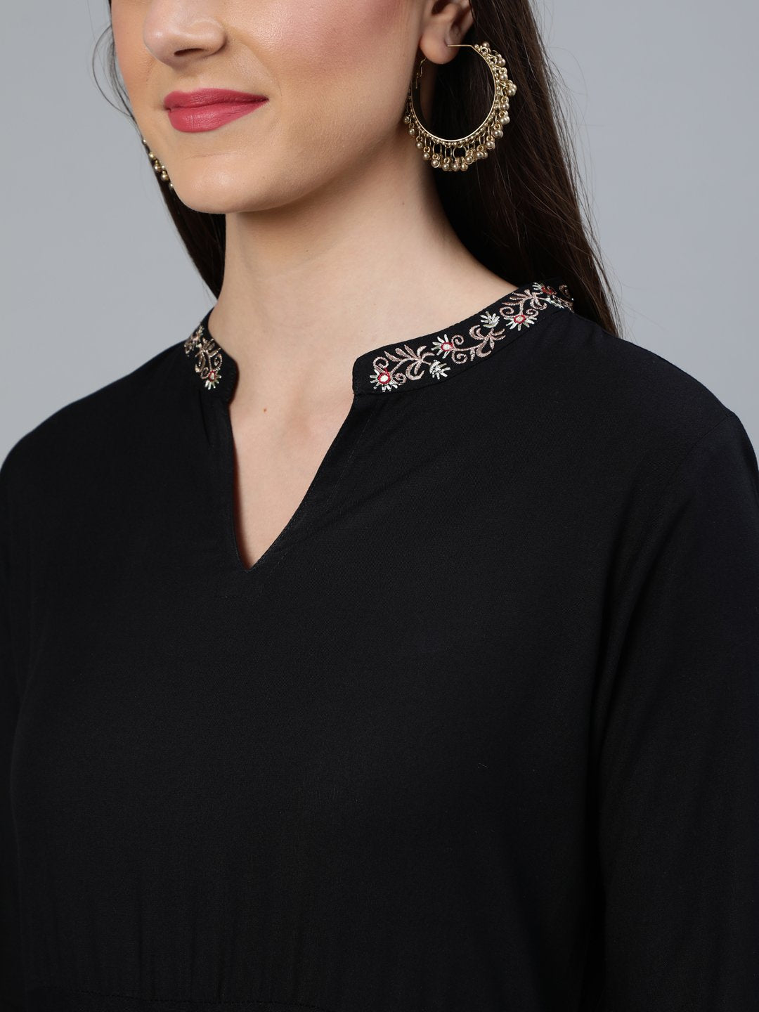 Women's Black Flared Embroidered Dress With Sequinned Dupatta