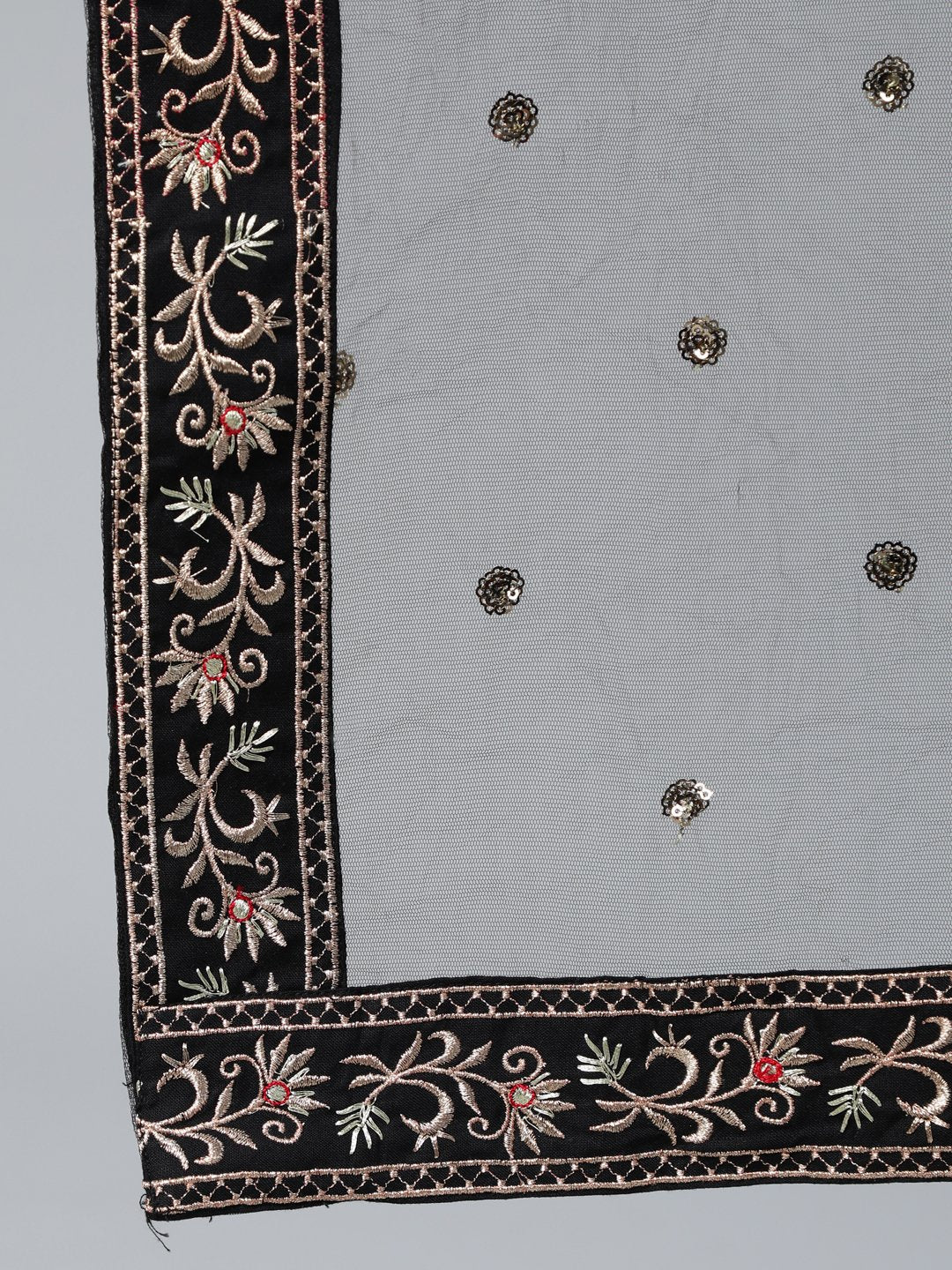Women's Black Flared Embroidered Dress With Sequinned Dupatta