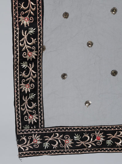 Women's Black Flared Embroidered Dress With Sequinned Dupatta