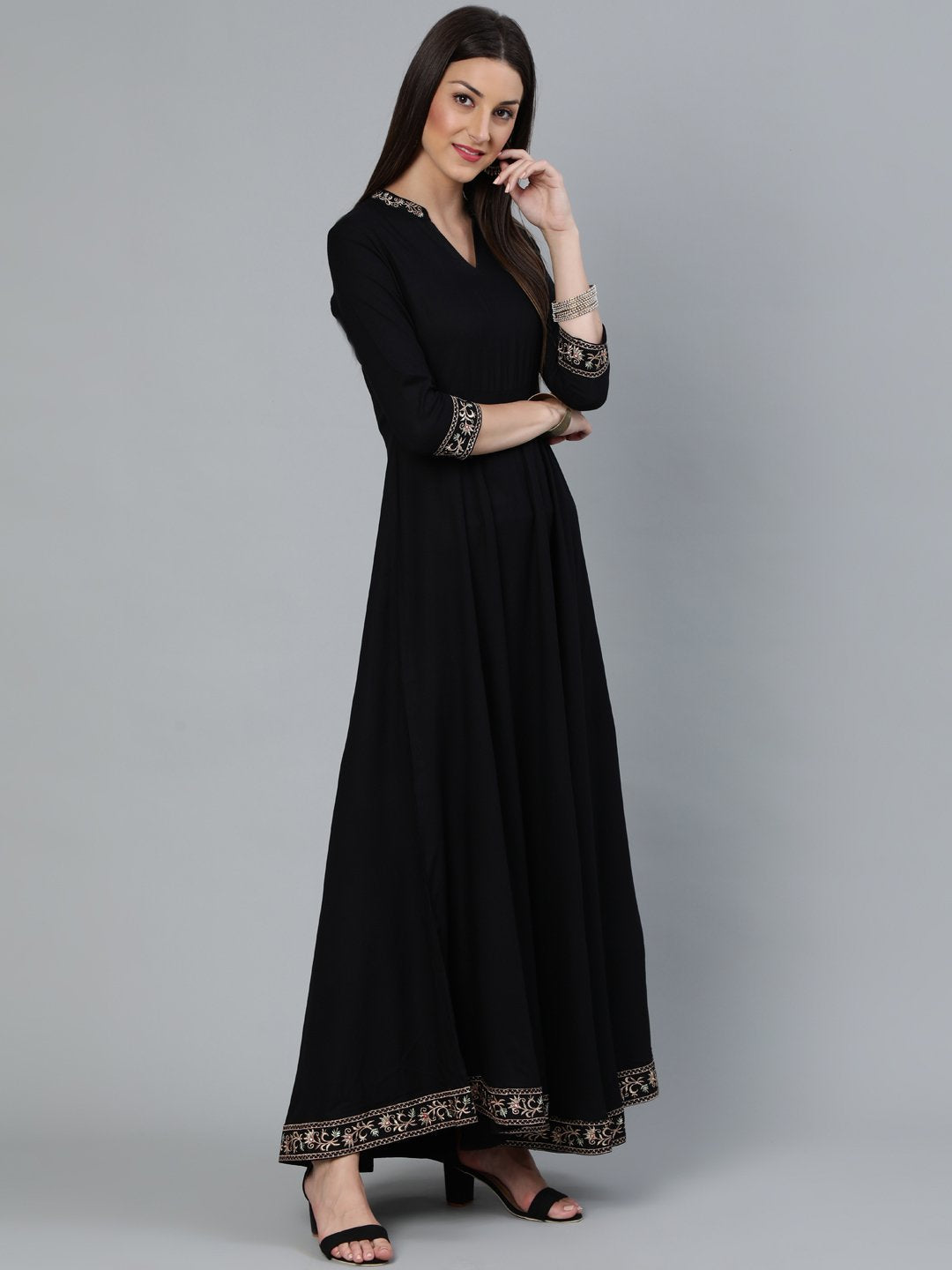 Women's Black Flared Embroidered Dress With Sequinned Dupatta