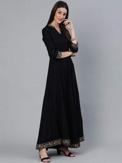 Women's Black Flared Embroidered Dress With Sequinned Dupatta