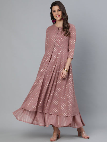 Women's Mauve Foil Printed Dress With Three Quater Sleeves Jacket