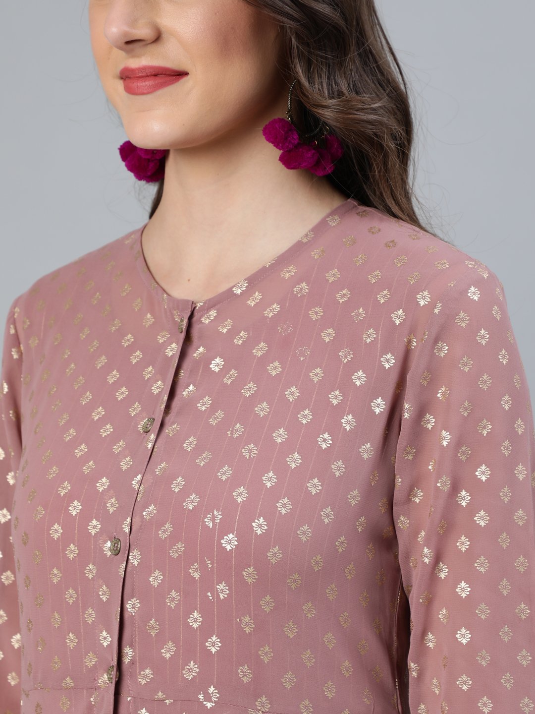 Women's Mauve Foil Printed Dress With Three Quater Sleeves Jacket