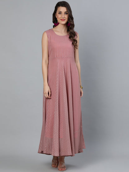 Women's Mauve Foil Printed Dress With Three Quater Sleeves Jacket
