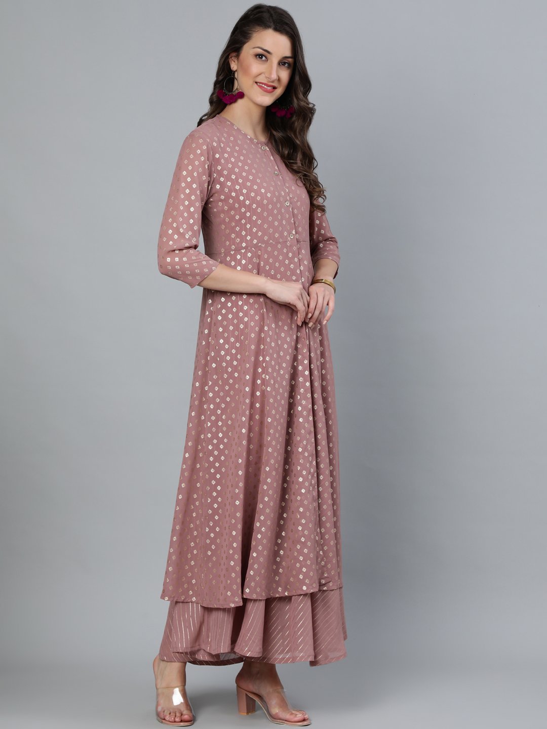 Women's Mauve Foil Printed Dress With Three Quater Sleeves Jacket