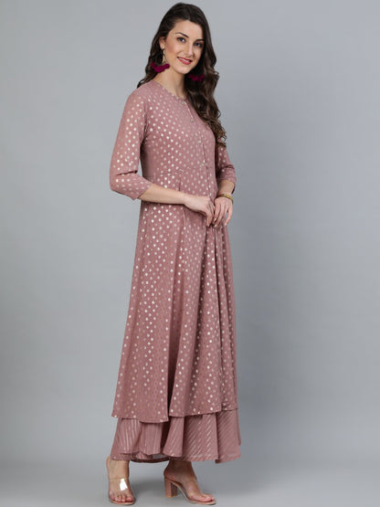 Women's Mauve Foil Printed Dress With Three Quater Sleeves Jacket