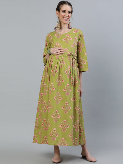 Women's Green Printed Maternity Dress With Three Quarter Sleeves