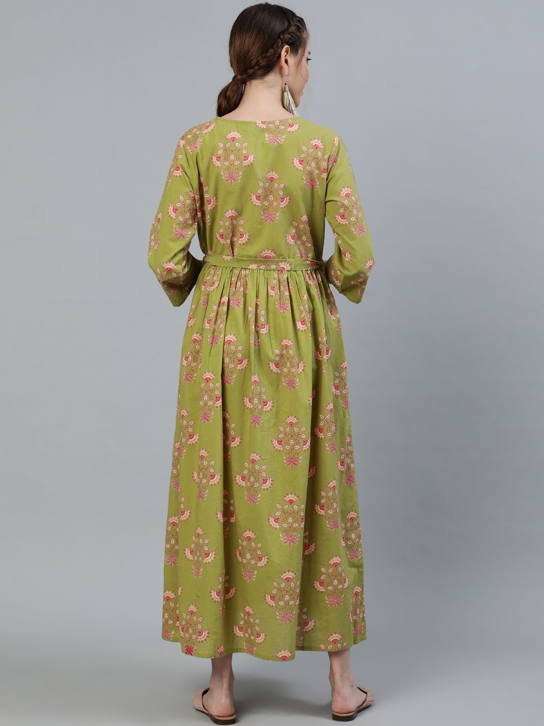 Women's Green Printed Maternity Dress With Three Quarter Sleeves