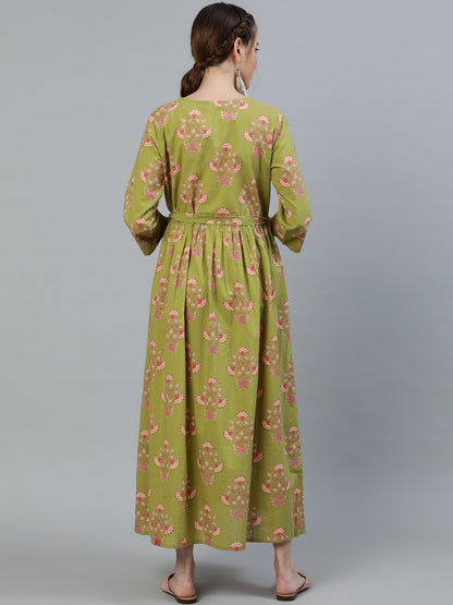 Women's Green Printed Maternity Dress With Three Quarter Sleeves