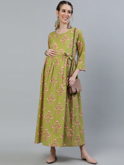 Women's Green Printed Maternity Dress With Three Quarter Sleeves