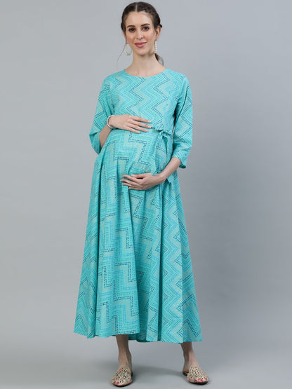 Women's Blue Printed Maternity Dress With Three Quarter Sleeves