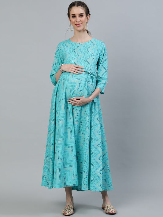 Women's Blue Printed Maternity Dress With Three Quarter Sleeves