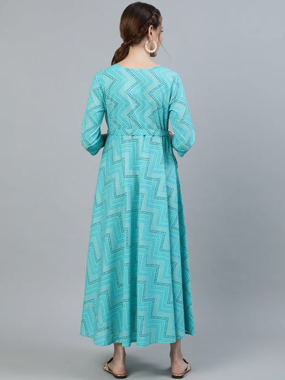 Women's Blue Printed Maternity Dress With Three Quarter Sleeves