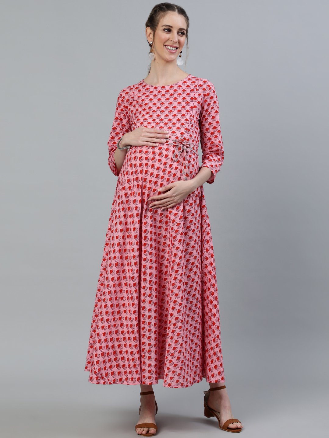 Women's Pink Printed Maternity Dress With Three Quarter Sleeves