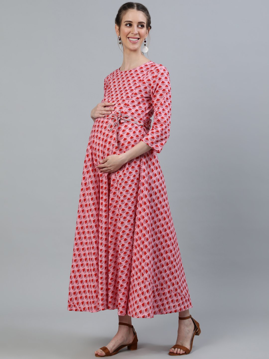 Women's Pink Printed Maternity Dress With Three Quarter Sleeves