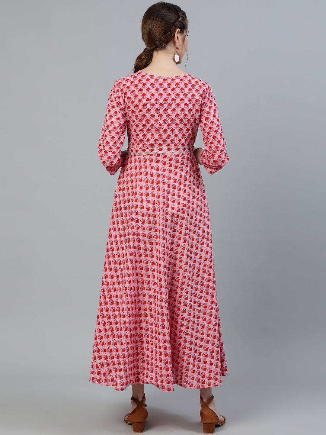 Women's Pink Printed Maternity Dress With Three Quarter Sleeves