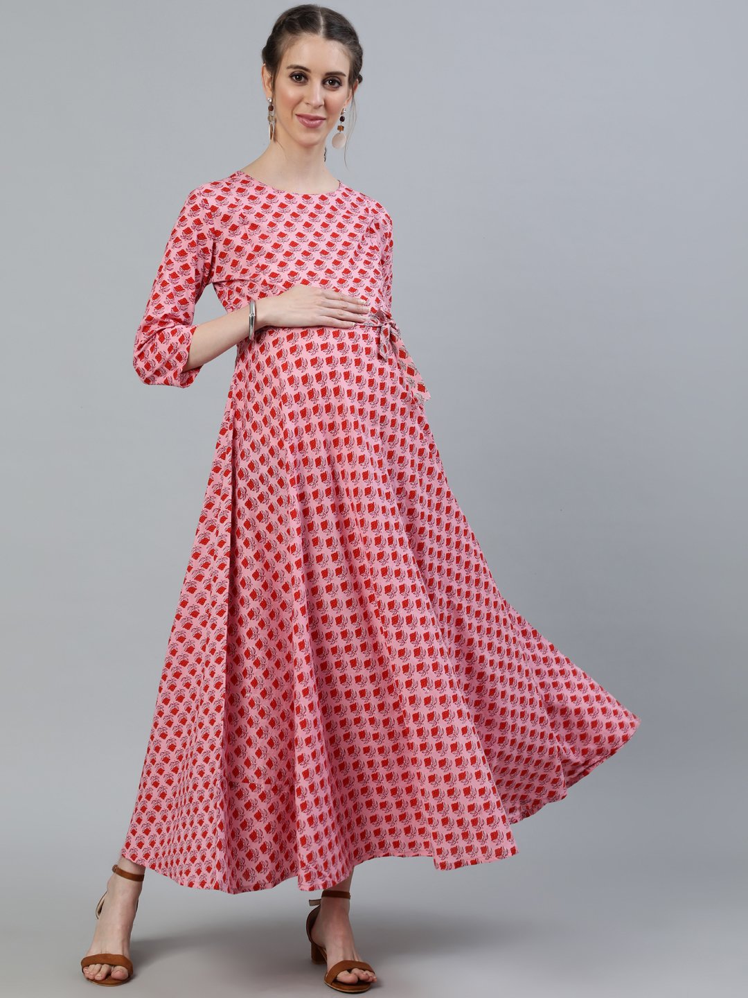 Women's Pink Printed Maternity Dress With Three Quarter Sleeves