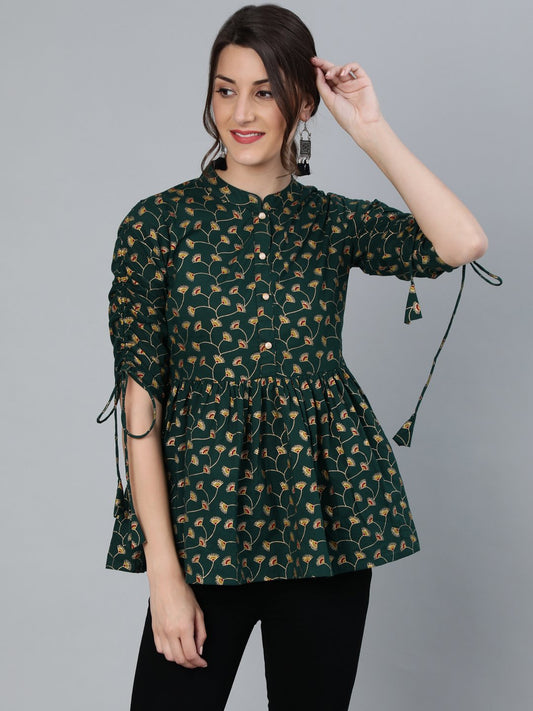 Women's Green Floral Printed Top With Mandarin Collar & Three Quarter Sleeves